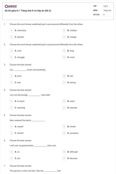 Đề thi giữa kì 1 Tiếng Anh 8 có đáp án (Đề 3)