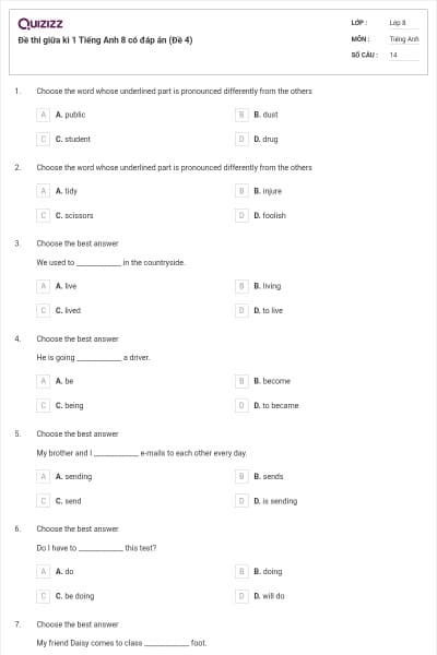 Đề thi giữa kì 1 Tiếng Anh 8 có đáp án (Đề 4)