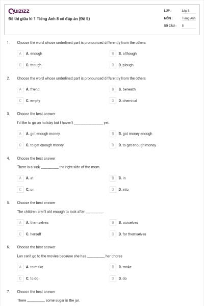 Đề thi giữa kì 1 Tiếng Anh 8 có đáp án (Đề 5)