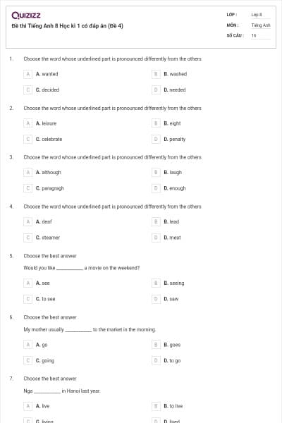 Đề thi Tiếng Anh 8 Học kì 1 có đáp án (Đề 4)