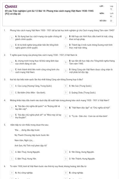 69 câu Trắc nghiệm Lịch Sử 12 Bài 14: Phong trào cách mạng Việt Nam 1930-1945 (P2) có đáp án