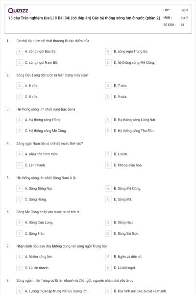 13 câu Trắc nghiệm Địa Lí 8 Bài 34: (có đáp án) Các hệ thống sông lớn ở nước (phần 2)