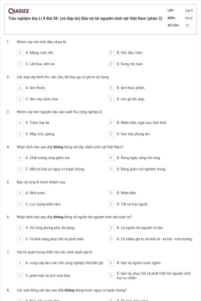 Trắc nghiệm Địa Lí 8 Bài 38: (có đáp án) Bảo vệ tài nguyên sinh vật Việt Nam (phần 2)