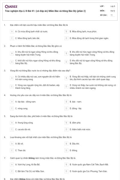 Trắc nghiệm Địa Lí 8 Bài 41: (có đáp án) Miền Bắc và Đông Bắc Bộ (phần 2)