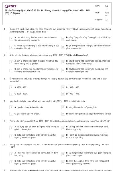 69 câu Trắc nghiệm Lịch Sử 12 Bài 14: Phong trào cách mạng Việt Nam 1930-1945 (P3) có đáp án