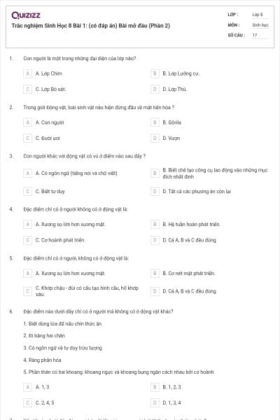 Trắc nghiệm Sinh Học 8 Bài 1: (có đáp án) Bài mở đầu (Phần 2)