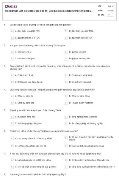 Trắc nghiệm Lịch Sử 6 Bài 5: (có đáp án) Các quốc gia cổ đại phương Tây (phần 2)