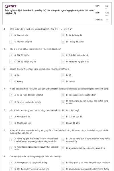 Trắc nghiệm Lịch Sử 6 Bài 9: (có đáp án) Đời sống của người nguyên thủy trên đất nước ta (phần 2)