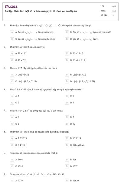 Bài tập: Phân tích một số ra thừa số nguyên tố chọn lọc, có đáp án