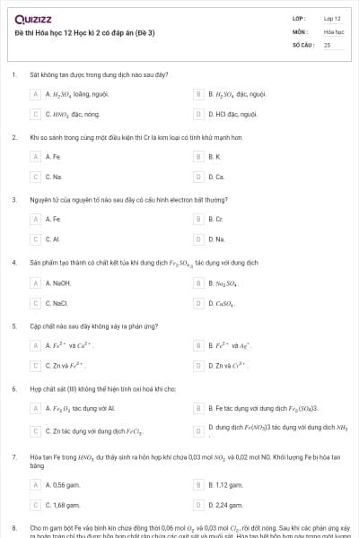Đề thi Hóa học 12 Học kì 2 có đáp án (Đề 3)