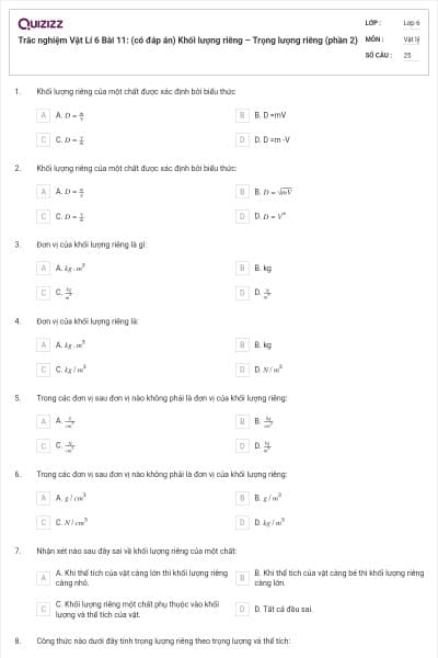 Trắc nghiệm Vật Lí 6 Bài 11: (có đáp án) Khối lượng riêng – Trọng lượng riêng (phần 2)