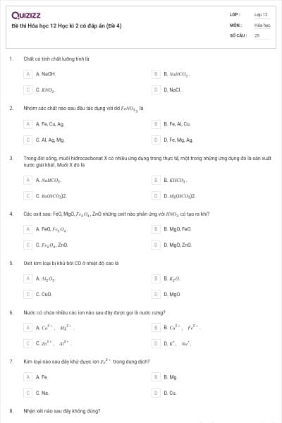 Đề thi Hóa học 12 Học kì 2 có đáp án (Đề 4)
