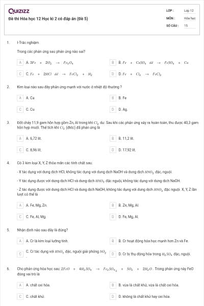 Đề thi Hóa học 12 Học kì 2 có đáp án (Đề 5)