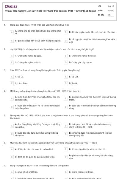 49 câu Trắc nghiệm Lịch Sử 12 Bài 15: Phong trào dân chủ 1936-1939 (P1) có đáp án