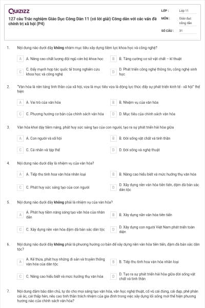 127 câu  Trắc nghiệm Giáo Dục Công Dân 11 (có lời giải) Công dân với các vấn đề chính trị xã hội (P4)
