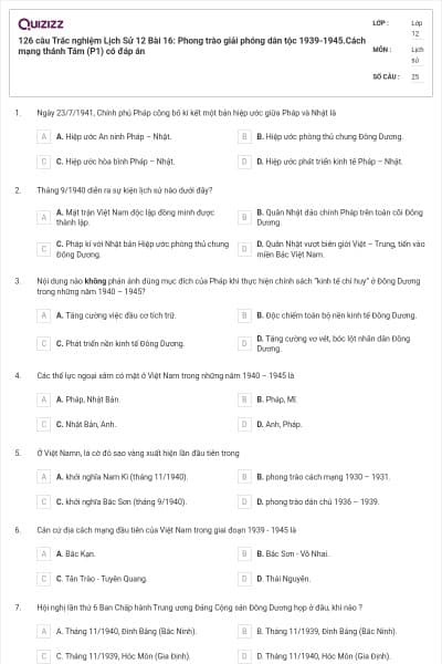 126 câu Trắc nghiệm Lịch Sử 12 Bài 16: Phong trào giải phóng dân tộc 1939-1945.Cách mạng thánh Tám (P1) có đáp án