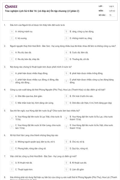 Trắc nghiệm Lịch Sử 6 Bài 16: (có đáp án) Ôn tập chương I,II (phần 2)