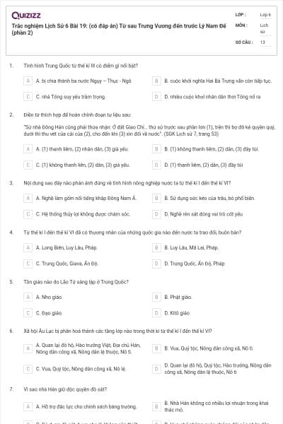 Trắc nghiệm Lịch Sử 6 Bài 19: (có đáp án) Từ sau Trưng Vương đến trước Lý Nam Đế (phần 2)