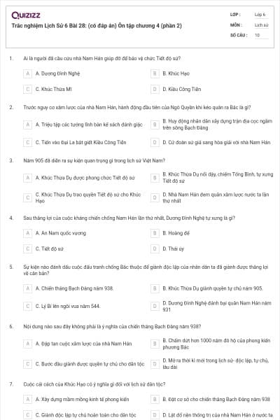 Trắc nghiệm Lịch Sử 6 Bài 28: (có đáp án) Ôn tập chương 4 (phần 2)