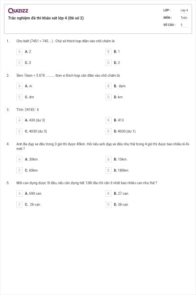 Trắc nghiệm đề thi khảo sát lớp 4 (Đề số 2)