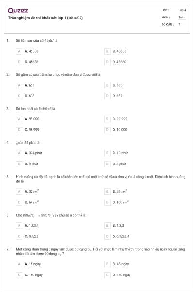Trắc nghiệm đề thi khảo sát lớp 4 (Đề số 3)