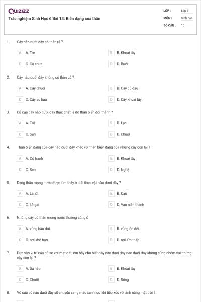 Trắc nghiệm Sinh Học 6 Bài 18: Biến dạng của thân