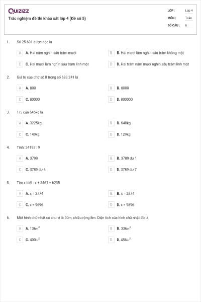 Trắc nghiệm đề thi khảo sát lớp 4 (Đề số 5)
