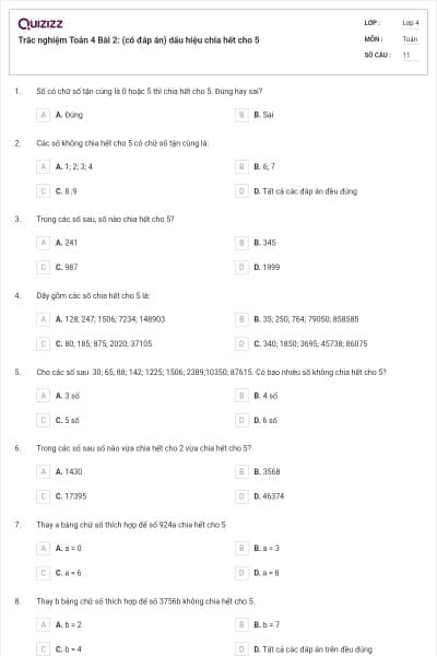 Trắc nghiệm Toán 4 Bài 2: (có đáp án) dấu hiệu chia hết cho 5