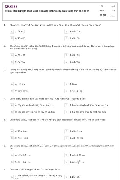 10 câu Trắc nghiệm Toán 9 Bài 2: Đường kính và dây của đường tròn có đáp án