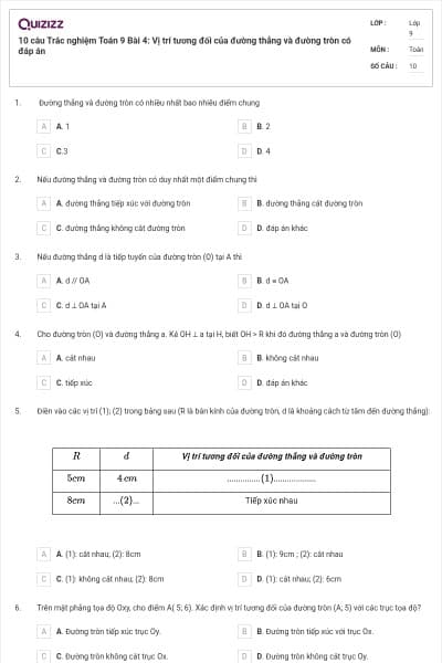 10 câu Trắc nghiệm Toán 9 Bài 4: Vị trí tương đối của đường thẳng và đường tròn có đáp án