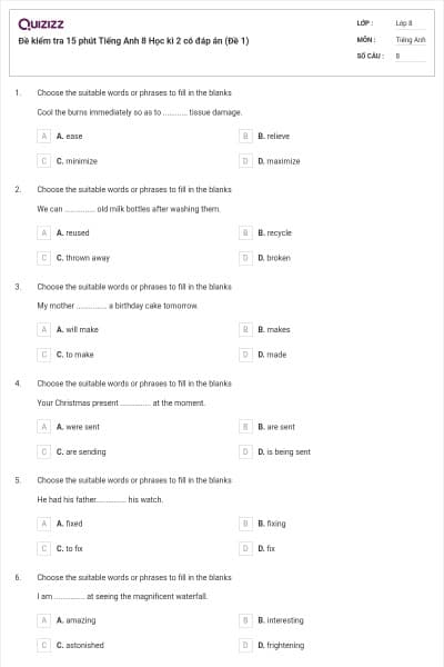 Đề kiểm tra 15 phút Tiếng Anh 8 Học kì 2 có đáp án (Đề 1)