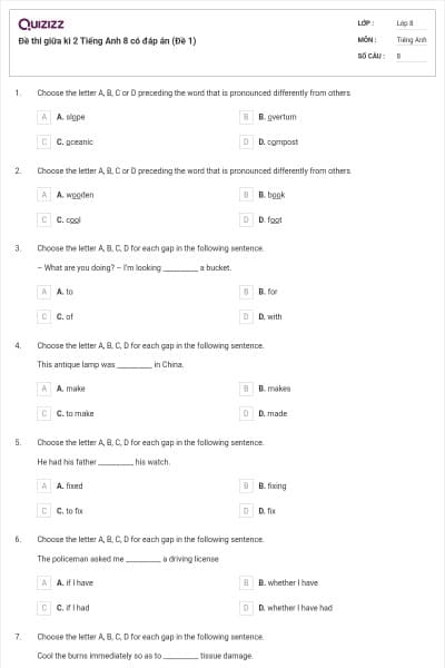 Đề thi giữa kì 2 Tiếng Anh 8 có đáp án (Đề 1)
