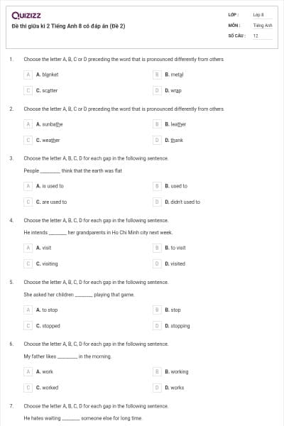 Đề thi giữa kì 2 Tiếng Anh 8 có đáp án (Đề 2)