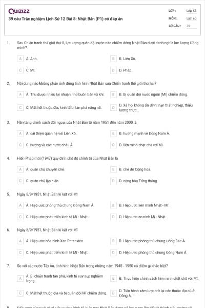 39 câu Trắc nghiệm Lịch Sử 12 Bài 8: Nhật Bản (P1) có đáp án