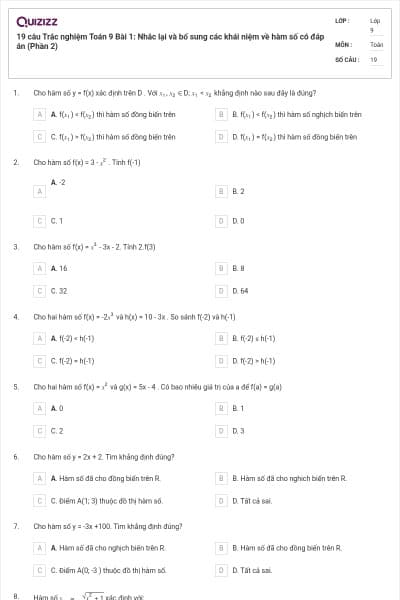 19 câu Trắc nghiệm Toán 9 Bài 1: Nhắc lại và bổ sung các khái niệm về hàm số có đáp án (Phần 2)