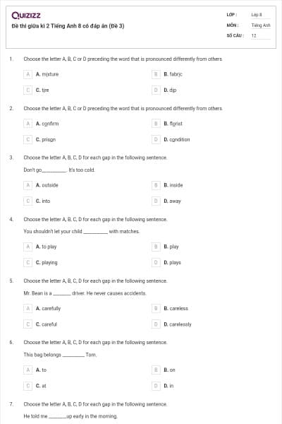 Đề thi giữa kì 2 Tiếng Anh 8 có đáp án (Đề 3)