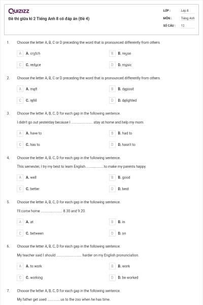 Đề thi giữa kì 2 Tiếng Anh 8 có đáp án (Đề 4)