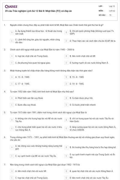 39 câu Trắc nghiệm Lịch Sử 12 Bài 8: Nhật Bản (P2) có đáp án