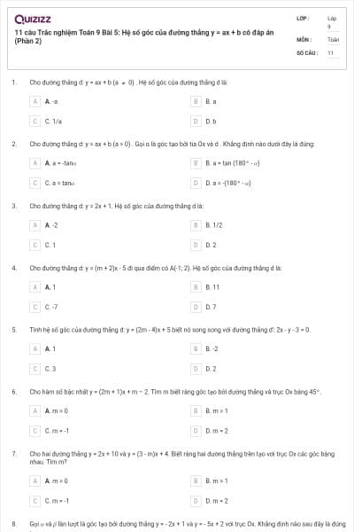 11 câu Trắc nghiệm Toán 9 Bài 5: Hệ số góc của đường thẳng y = ax + b có đáp án (Phần 2)