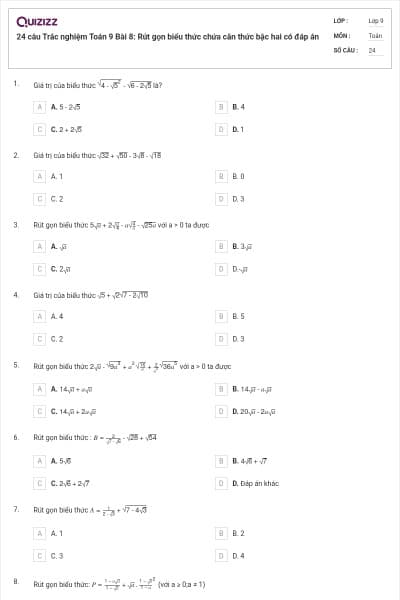 24 câu Trắc nghiệm Toán 9 Bài 8: Rút gọn biểu thức chứa căn thức bậc hai có đáp án