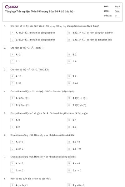 Tổng hợp Trắc nghiệm Toán 9 Chương 2 Đại Số 9 (có đáp án)