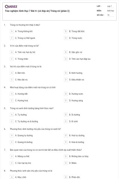 Trắc nghiệm Sinh Học 7 Bài 4: (có đáp án) Trùng roi (phần 2)