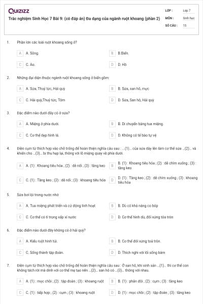 Trắc nghiệm Sinh Học 7 Bài 9: (có đáp án) Đa dạng của ngành ruột khoang (phần 2)