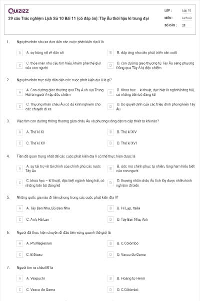 29 câu Trắc nghiệm Lịch Sử 10 Bài 11 (có đáp án): Tây Âu thời hậu kì trung đại