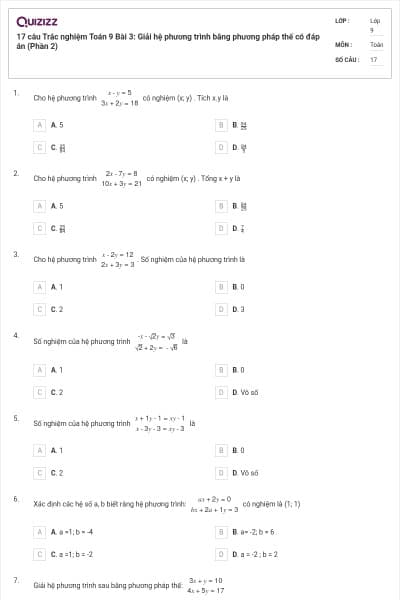 17 câu Trắc nghiệm Toán 9 Bài 3: Giải hệ phương trình bằng phương pháp thế có đáp án (Phần 2)