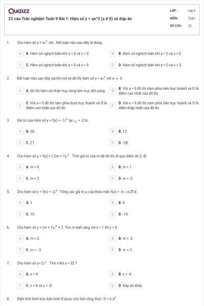 22 câu Trắc nghiệm Toán 9 Bài 1: Hàm số y = ax^2 (a # 0) có đáp án
