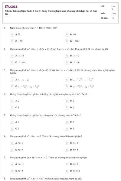 10 câu Trắc nghiệm Toán 9 Bài 4: Công thức nghiệm của phương trình bậc hai có đáp án