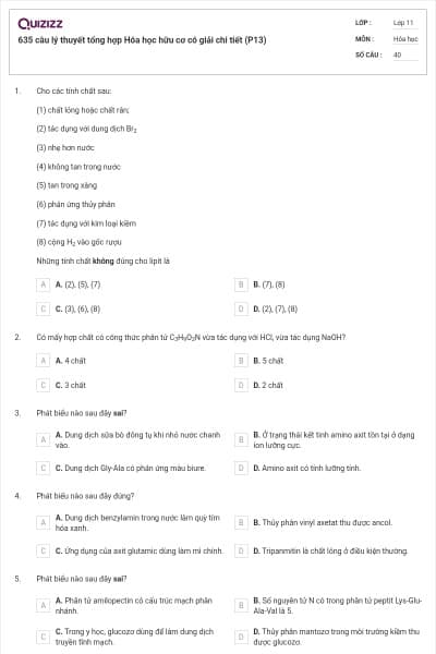 635 câu lý thuyết tổng hợp Hóa học hữu cơ có giải chi tiết (P13)