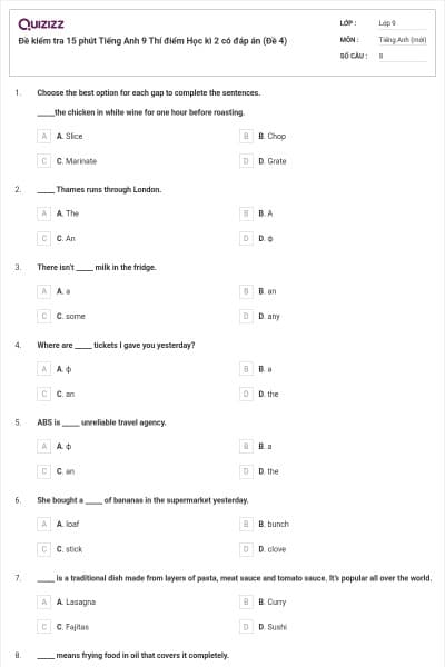 Đề kiểm tra 15 phút Tiếng Anh 9 Thí điểm Học kì 2 có đáp án (Đề 4)