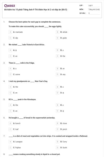 Đề kiểm tra 15 phút Tiếng Anh 9 Thí điểm Học kì 2 có đáp án (Đề 5)